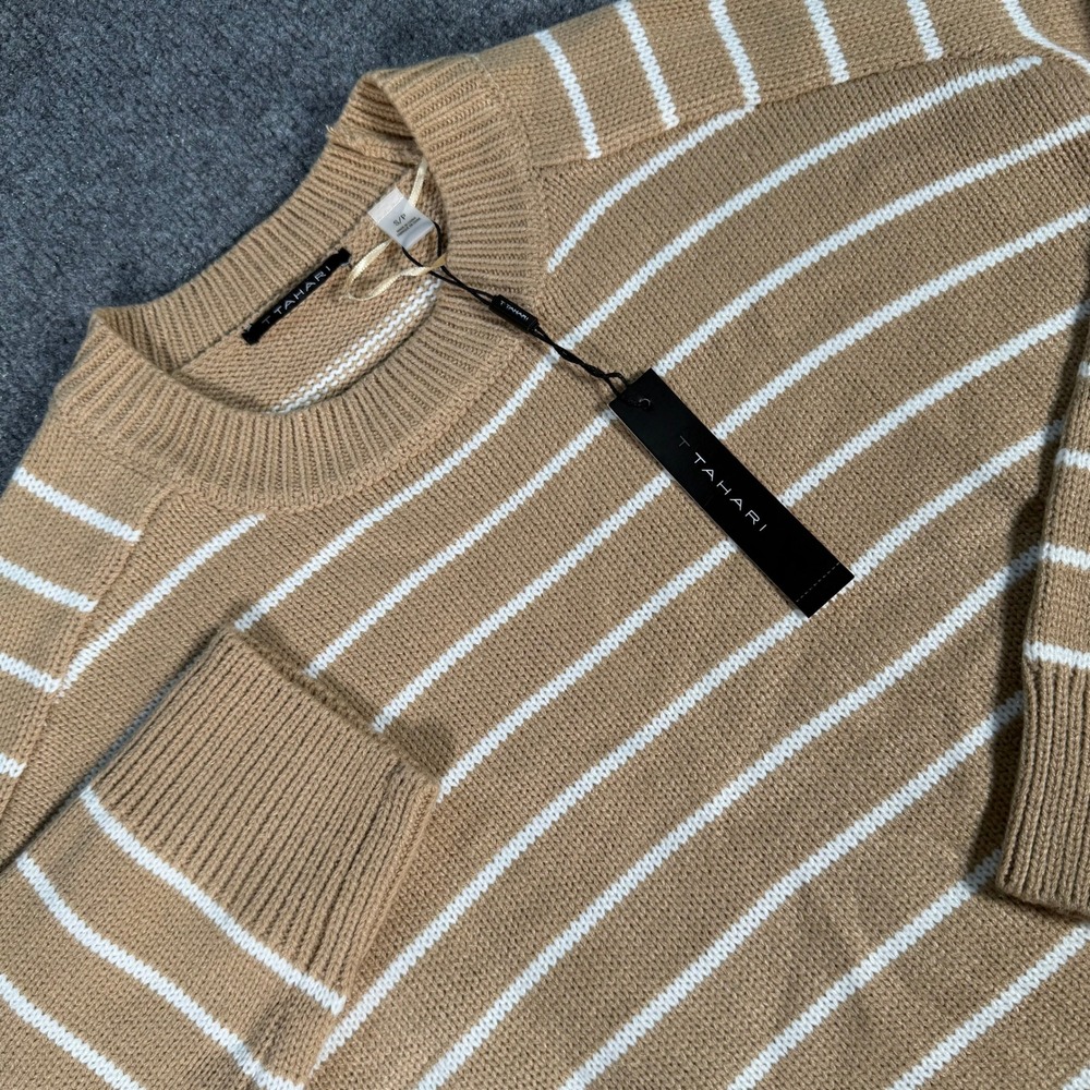 T Tahari Womens Khaki Snow Globe Striped Crewneck Sweater TH24316NR Size S #4472
